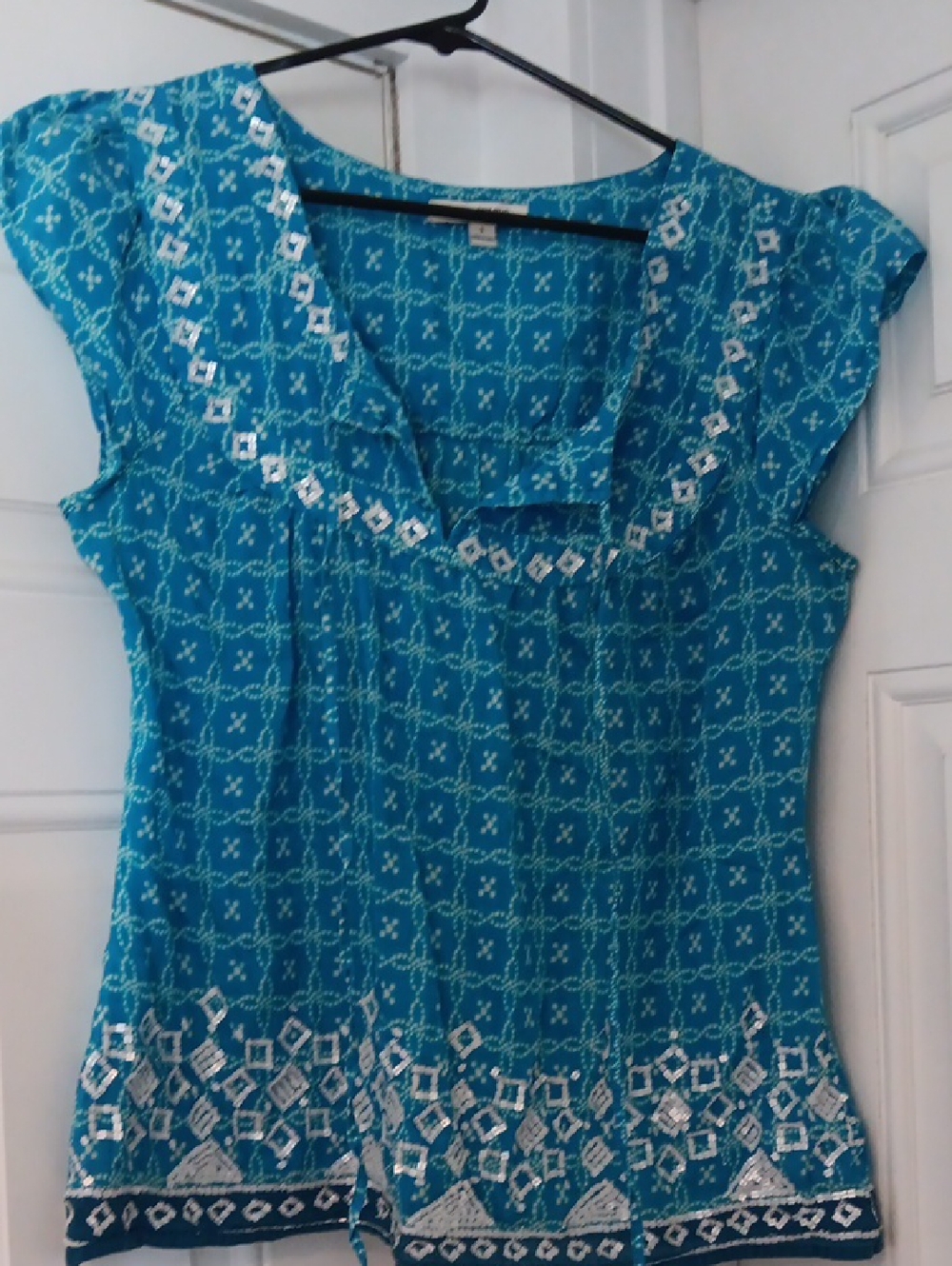 Banana Republic Turquoise Patterned Cap-Sleeve Blouse with Sequin Trim